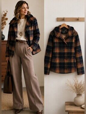 Woolrich Plaid Hooded Jacket M | Wool Blend, Hidden Zip & Button Wrap Closure